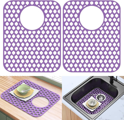 BEHOK 2 Pack Silicone Sink Protector for Kitchen Sink Bathroom Sink 13.58"x 11.6" Sink Mat, Non-Slip and Durable Silicone Sink Grid, Rear Drain (Gray)