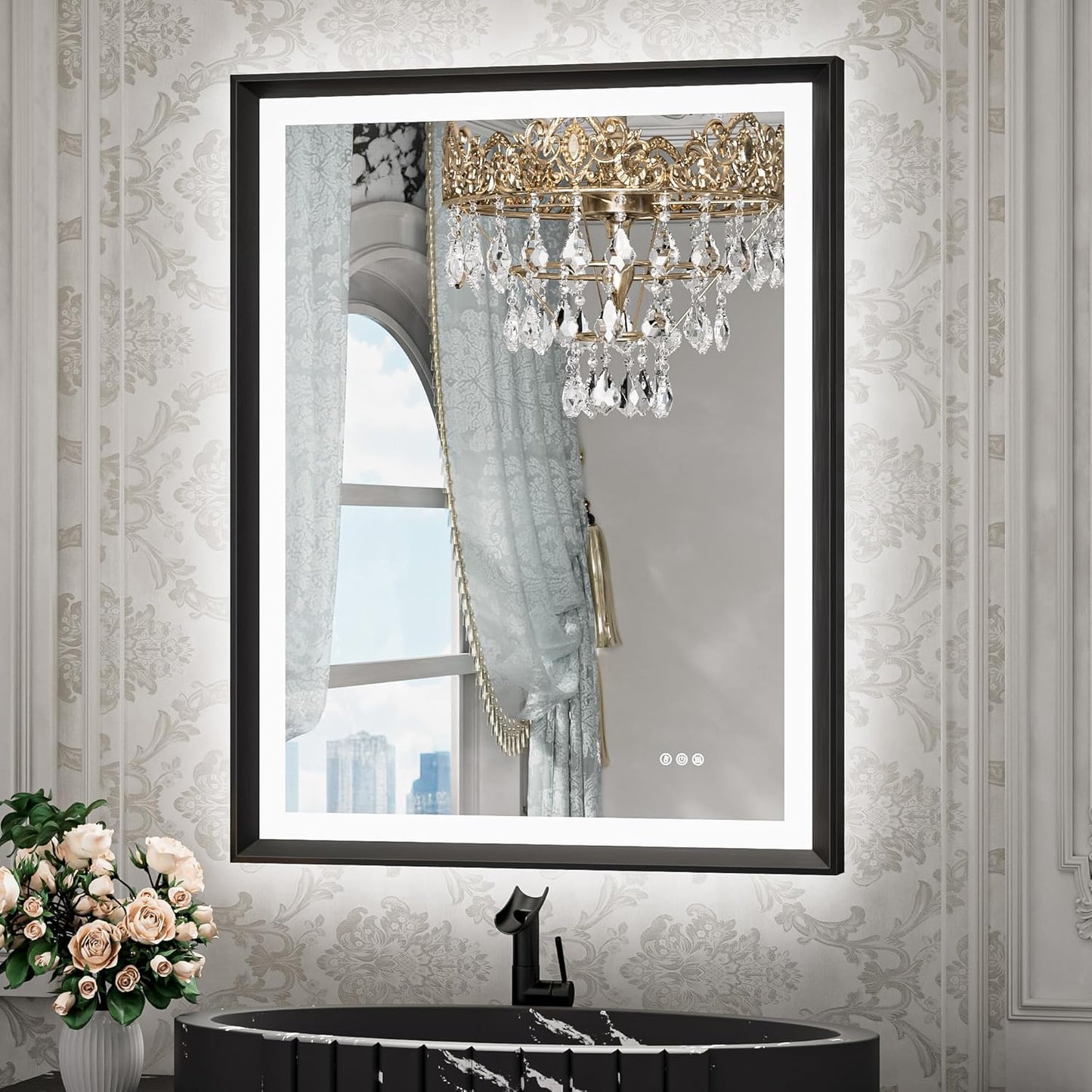 TETOTE 28x36 LED Mirror for Bathroom Black Metal Frame Frontlit & Backlit Lighted Vanity Mirror Baroque Gothic Anti Fog Stepless Dimmable White/Warm/Natural,Wall Mounted(Horizontal/Vertical)