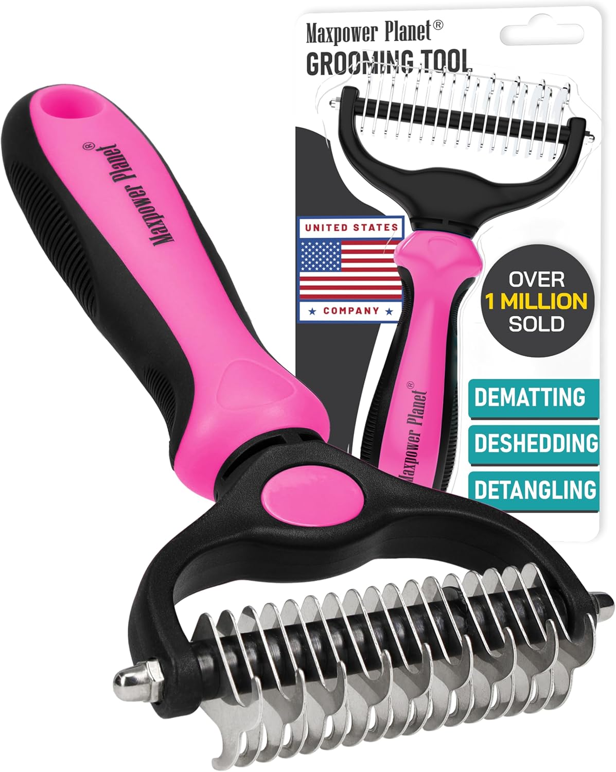 Maxpower Planet Pet Grooming Brush - Double Sided Shedding, Dematting - Undercoat Rake for Dogs - Dog Grooming Brush - Deshedding Brush for Dogs - Dog Brush, Cat Brush, Reduce Shedding by 95%, Black