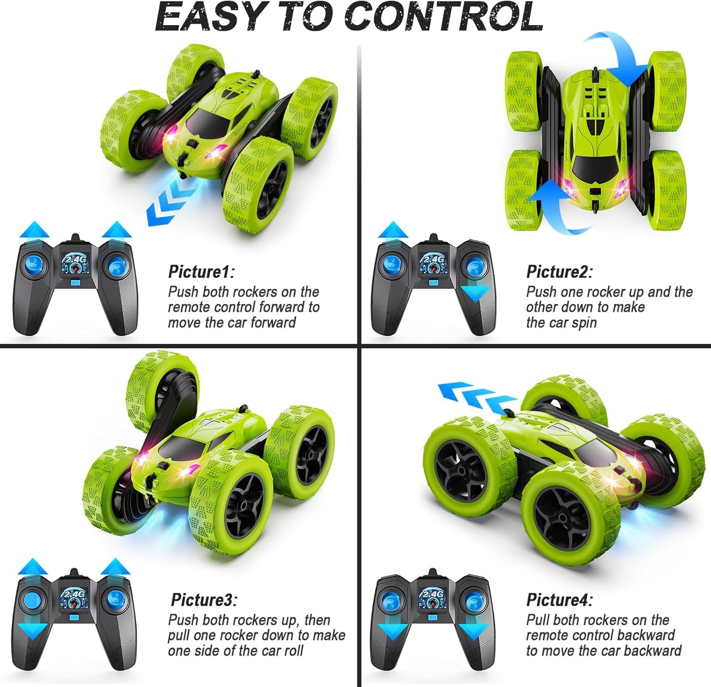 QUNREDA Remote Control Car for Kids Ages 6+, RC Cars Stunt Car Toy 4WD Double Sided 360° Rotating Remote Control with Headlights, Birthday Xmas Gifts for Boys 6 7 8 9 10 11 12 1-Blue