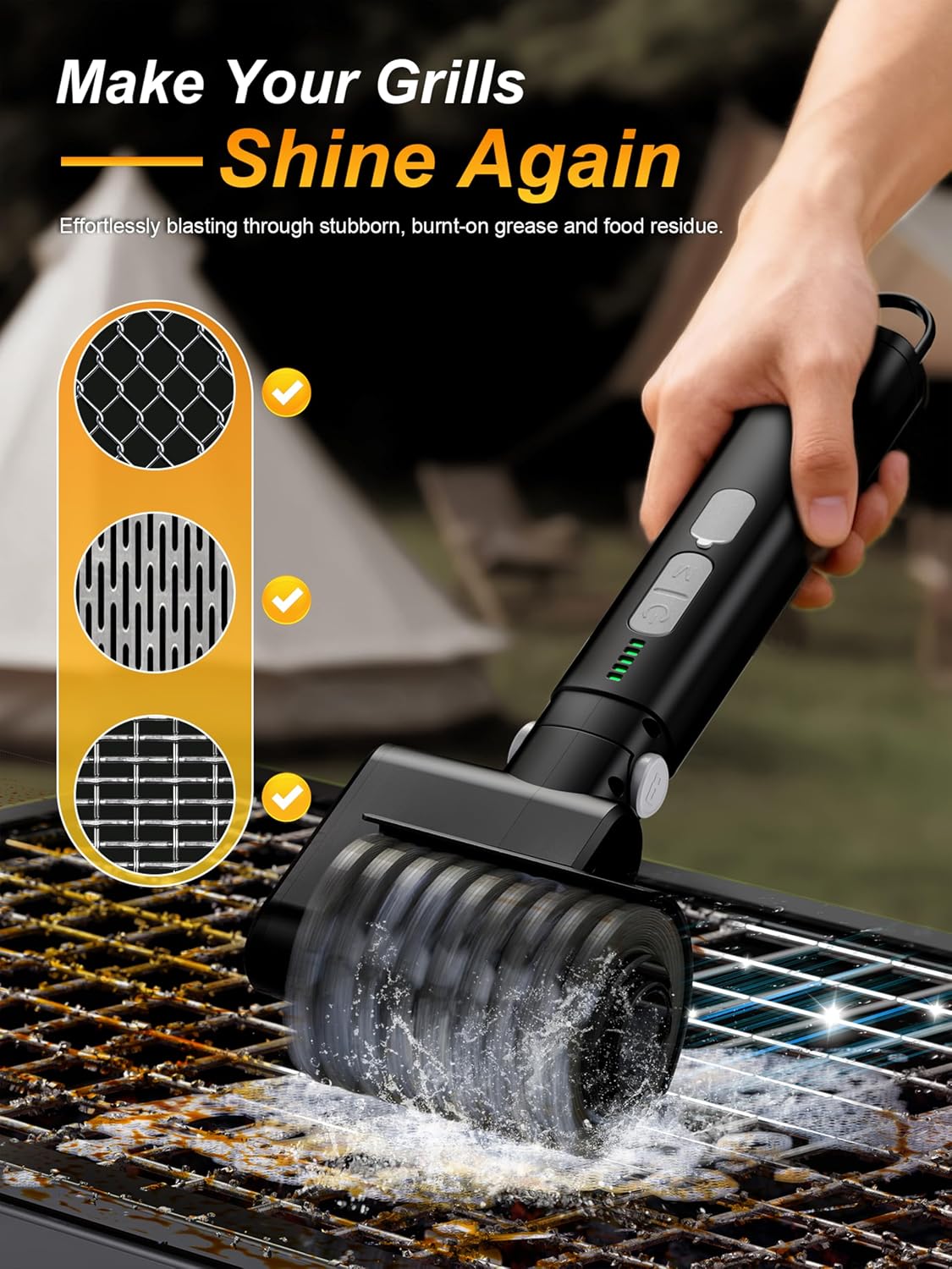 Electric Grill Brush, 3-Speed Power Control Grill Brush for Outdoor Grill, Rechargeable BBQ Grill Brush, Cordless Grill Cleaning Brush with 2 Brush Head & Scouring Pad, Gifts for Men/Dad