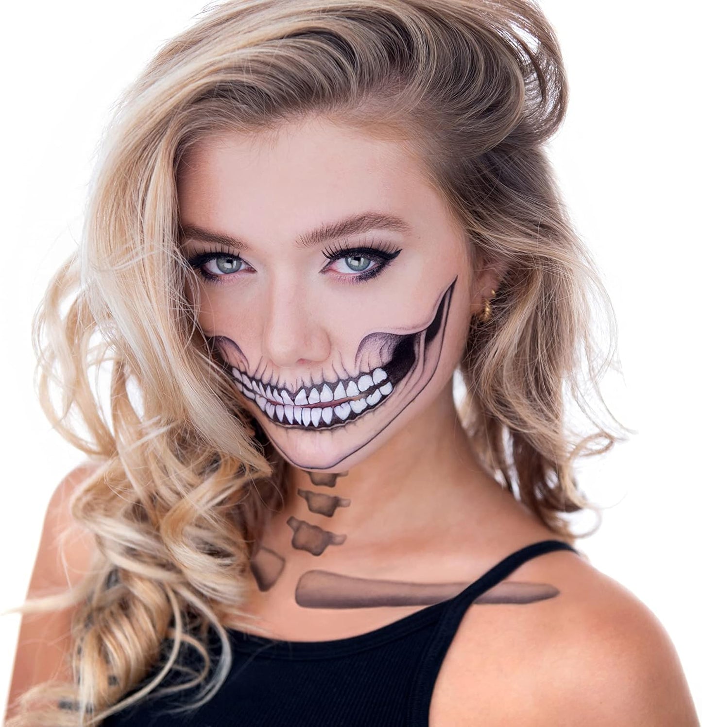 Tattoocrew 2 x Classic Skull Temporary Tattoo Halloween Costume for Men and Women, Adult, Face Sticker
