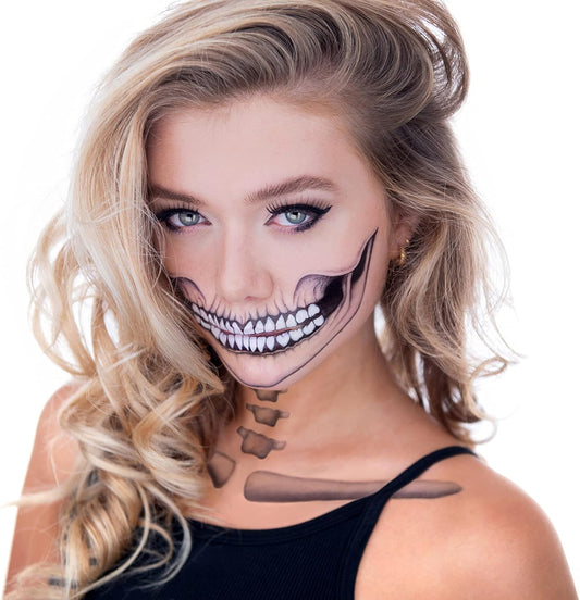 Tattoocrew 2 x Classic Skull Temporary Tattoo Halloween Costume for Men and Women, Adult, Face Sticker