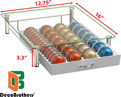 DecoBrothers Vertuo Pod Holder VertuoLine Drawer Storage for Nespresso Coffee Capsules, Crystal Tempered Glass, White