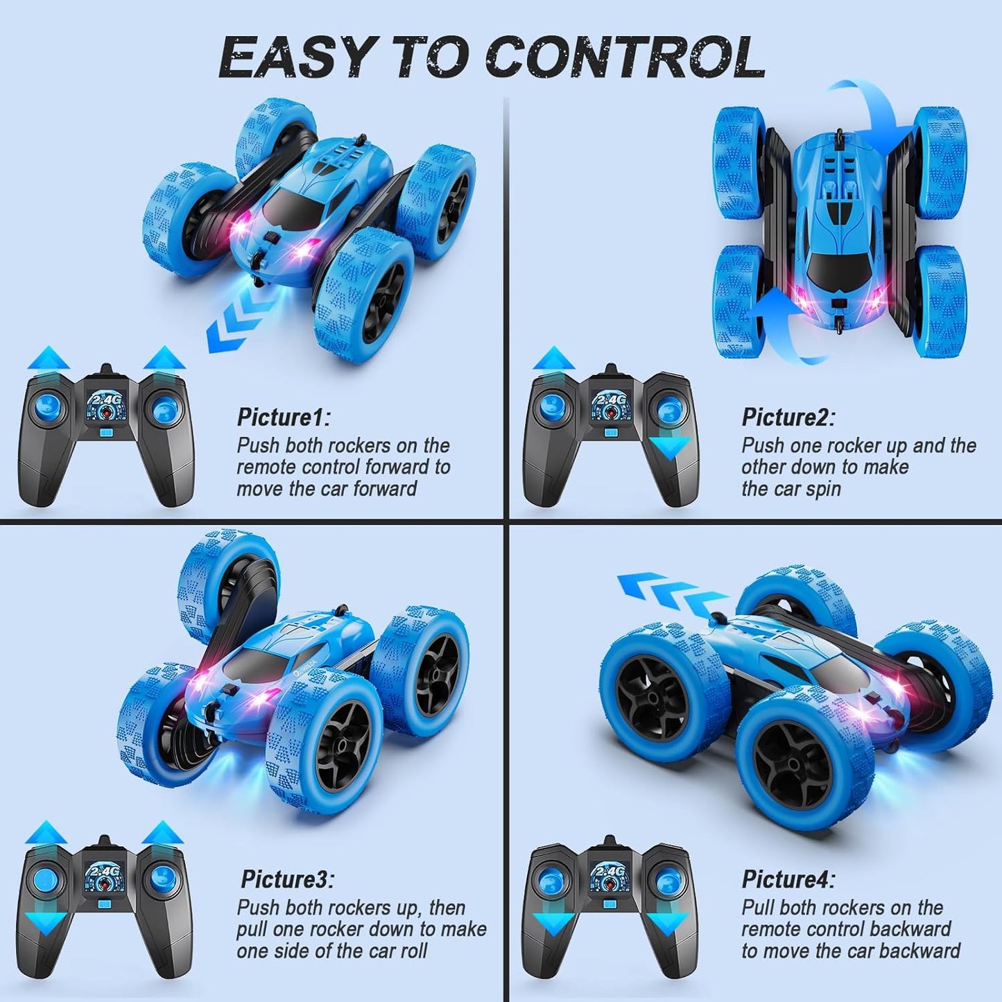 QUNREDA Remote Control Car for Kids Ages 6+, RC Cars Stunt Car Toy 4WD Double Sided 360° Rotating Remote Control with Headlights, Birthday Xmas Gifts for Boys 6 7 8 9 10 11 12 1-Blue