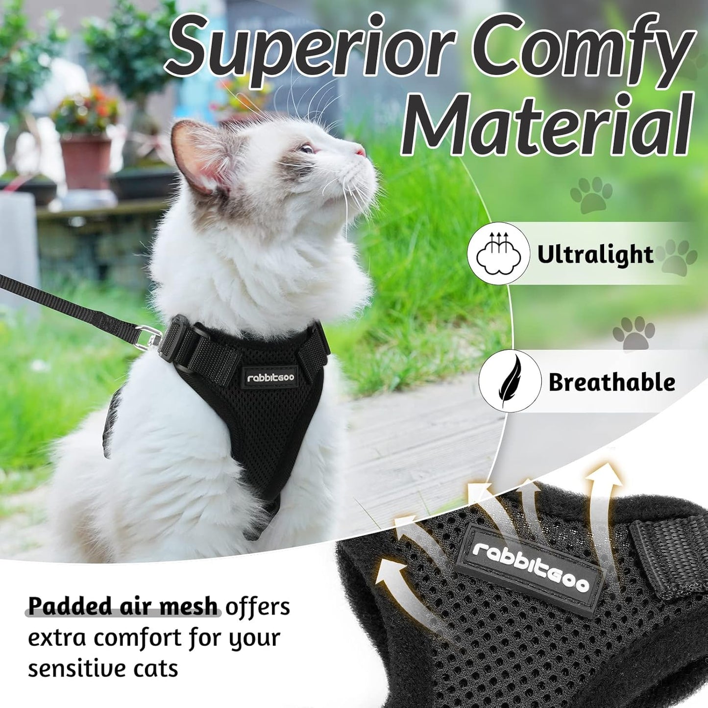 rabbitgoo Cat Harness and Leash for Walking, Escape Proof Soft Adjustable Vest Harnesses for Small Medium Cats, Easy Control Breathable Reflective Strips Jacket, XS, Black