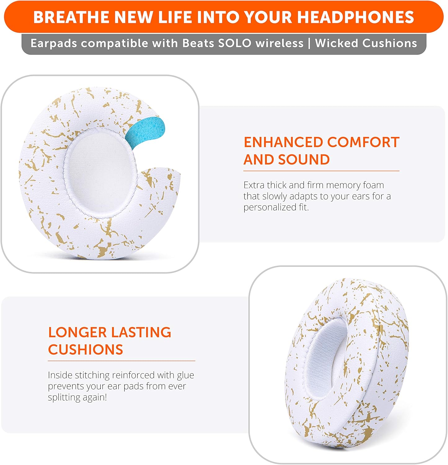 WC Extra Thick Replacement Earpads for Beats Solo 2 & 3 by Wicked Cushions - Ear Pads for Beats Solo 2 & 3 Wireless ON-Ear Headphones - Soft Leather, Luxury Memory Foam, Strong Adhesive | White