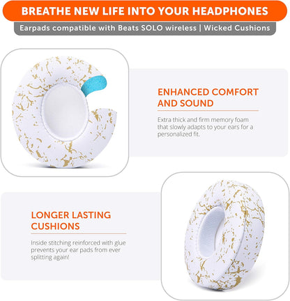 WC Extra Thick Replacement Earpads for Beats Solo 2 & 3 by Wicked Cushions - Ear Pads for Beats Solo 2 & 3 Wireless ON-Ear Headphones - Soft Leather, Luxury Memory Foam, Strong Adhesive | White