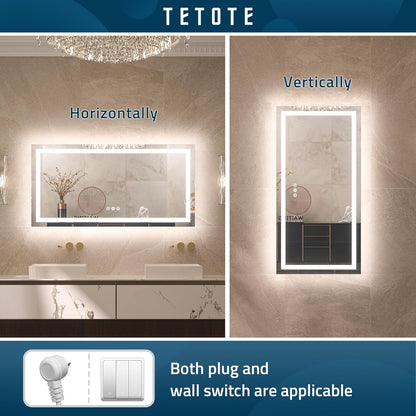 TETOTE 28 Inch Round LED Bathroom Vanity Mirror, Anti-Fog Dimmable Lights IP54 Waterproof Circle Makeup Wall Mounted Mirror