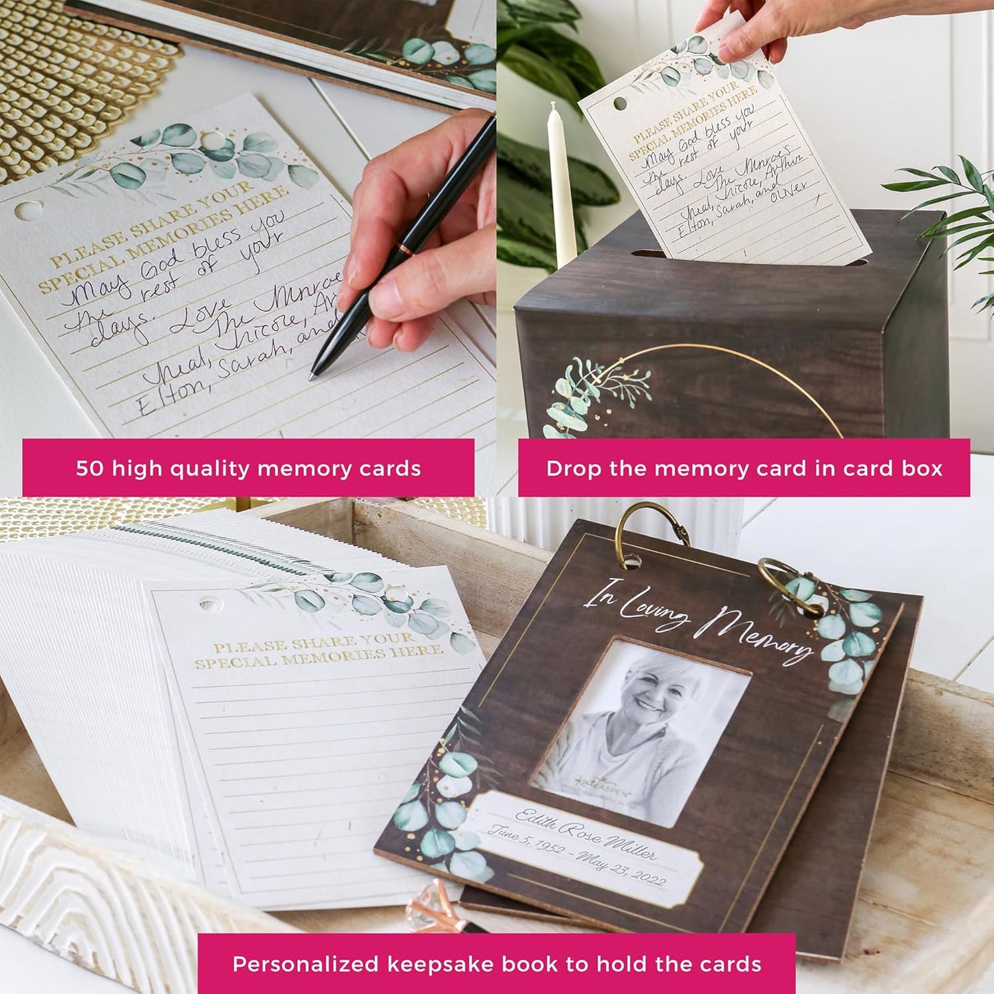 Kate Aspen Celebration of Life Memory Funeral Guest Book and Box for Memorial Service Bereavement Cards, Prayer Cards - Hard Cover Book, Box, 50 Memory Cards and Binder Rings