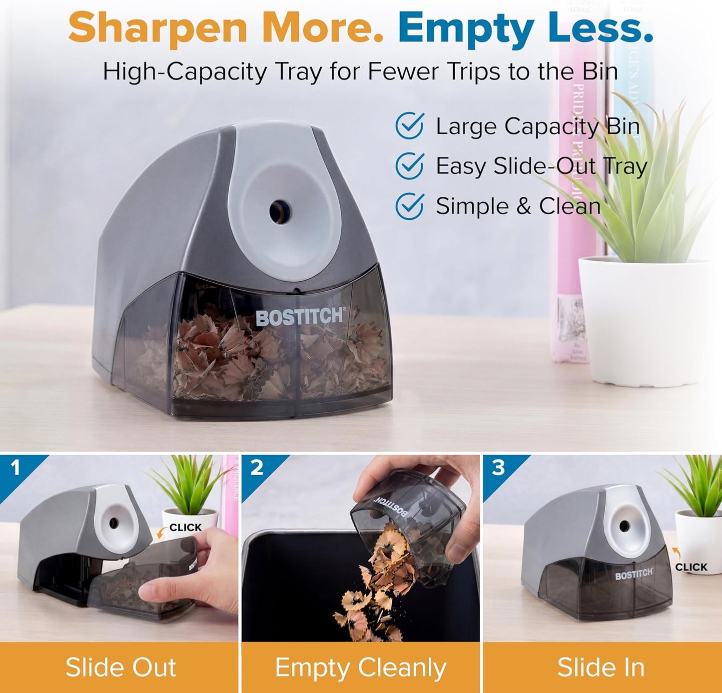 Bostitch Office Personal Electric Pencil Sharpener, Powerful Stall-Free Motor, High Capacity Shavings Tray, Gray (EPS4-KTGRAY)