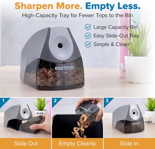 Bostitch Office Personal Electric Pencil Sharpener, Powerful Stall-Free Motor, High Capacity Shavings Tray, Gray (EPS4-KTGRAY)