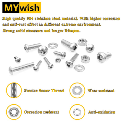 Mywish 900Pcs Metric Screw Assortment, M3 M4 M5 M6 Screw Assortment Kit 304 Stainless Steel Hex Socket Button Head Socket Cap Metric Screws Bolts & Flat Washers/Nuts/Hex Wrenches 16 Sizes 8MM to 20MM