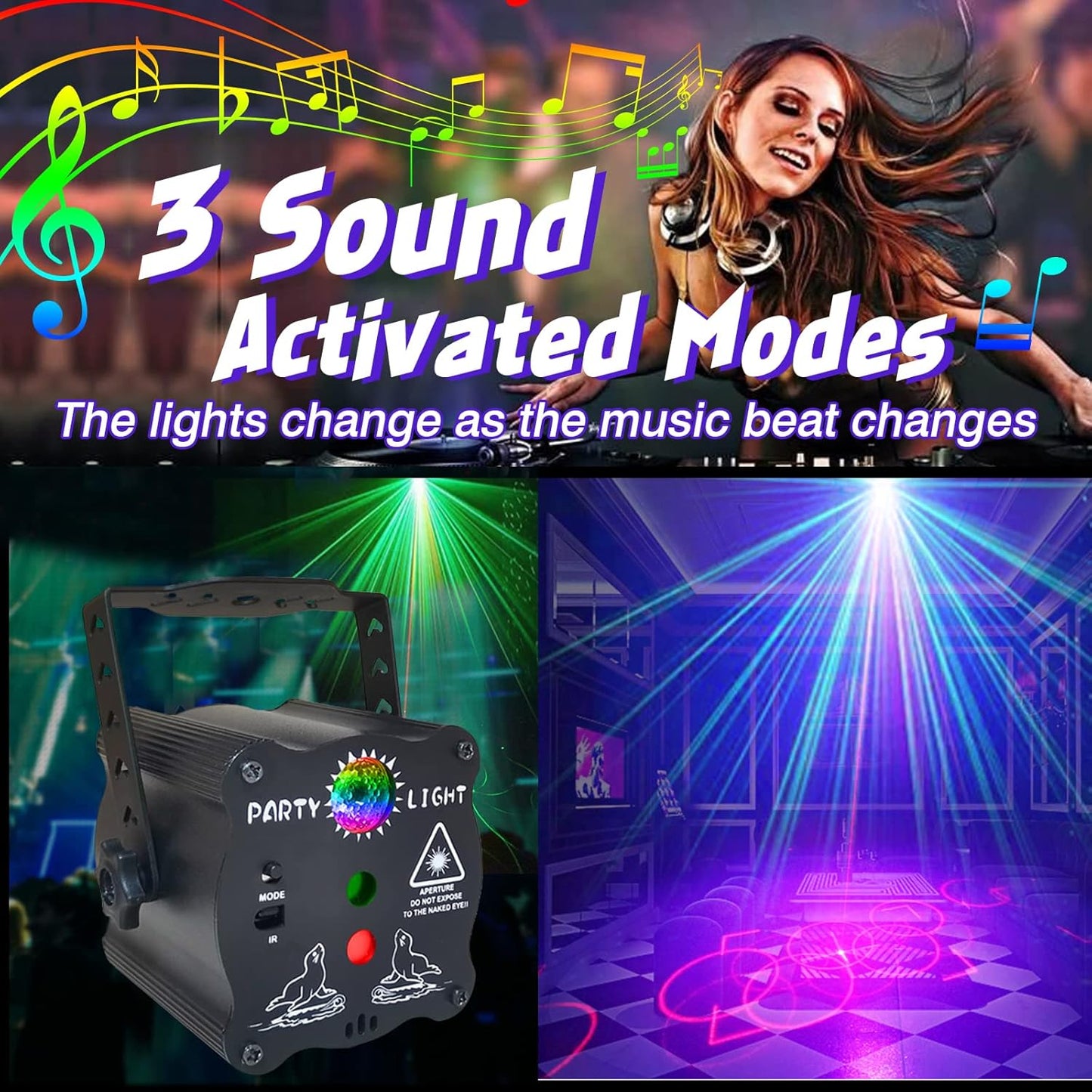 DJ Disco Light, Stage Party Lights, Rechargeable Laser Light Sound Activated RGB Led Flash Strobe Projector with Remote Control for Christmas Karaoke Pub KTV Bar Birthday Wedding