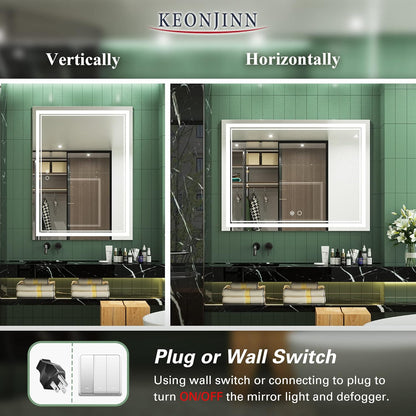 Keonjinn 40 x 24 Inch LED Mirror, Bathroom Mirror with Lights, LED Vanity Mirror, Wall Mounted Anti-Fog Dimmable Lighted Makeup Mirror for Bedroom, IP54 Waterproof (Horizontal/Vertical)