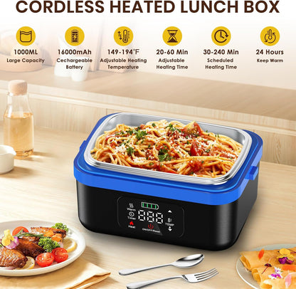 Cordless Electric Lunch Box, Battery Powered Heated Lunch Box, 1 Liter Food Insulated Lunchbox with Fork and Spoon Insulated Carrying Pouch for Truck Drivers Blue Collar (Deep Blacl)