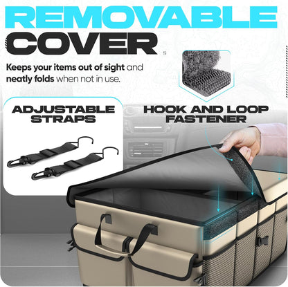 FORTEM Car Trunk Organizer, Collapsible Multi Compartment Car Organizer, Foldable SUV Storage for Car Accessories for Women Men, Non Slip Bottom, Securing Straps, Soft Cover 50L (Black, Standard)