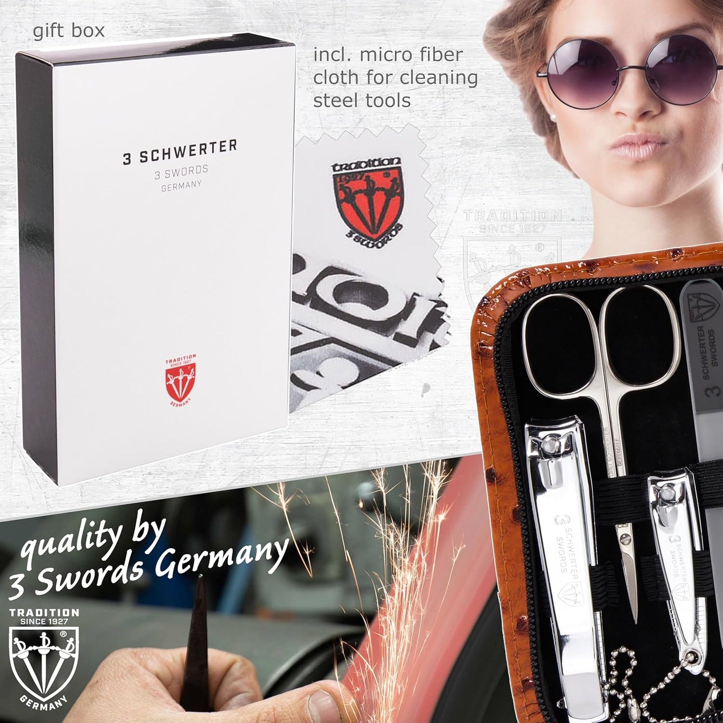 3 Swords Germany - brand quality 8 piece manicure pedicure grooming kit set for professional finger & toe nail care scissors clipper fashion leather case camou in gift box, Made in Germany