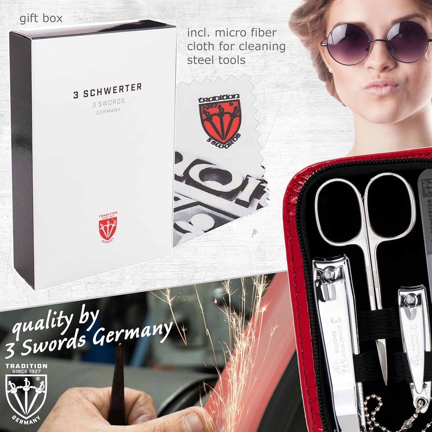 3 Swords Germany - brand quality 8 piece manicure pedicure grooming kit set for professional finger & toe nail care scissors clipper fashion leather case camou in gift box, Made in Germany