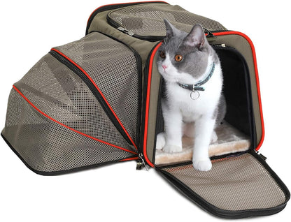 Petsfit Expandable Cat Dog Carrier Airline Approved, 17" L x 11" W x 11" H Soft-Sided Portable Pet Travel Carrier for Kitten, Puppy, Removable Soft Plush Mat and Pockets, Auto-Locking Zippers