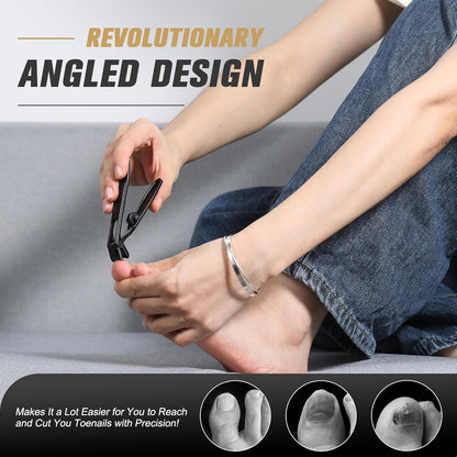 FERYES Angled Head Long Handled Toenail Clipper for Seniors - Large Wide Jaw Nail Clipper with Catcher for Thick Nails - Easier Trimming, Ergonomic Design (Black)