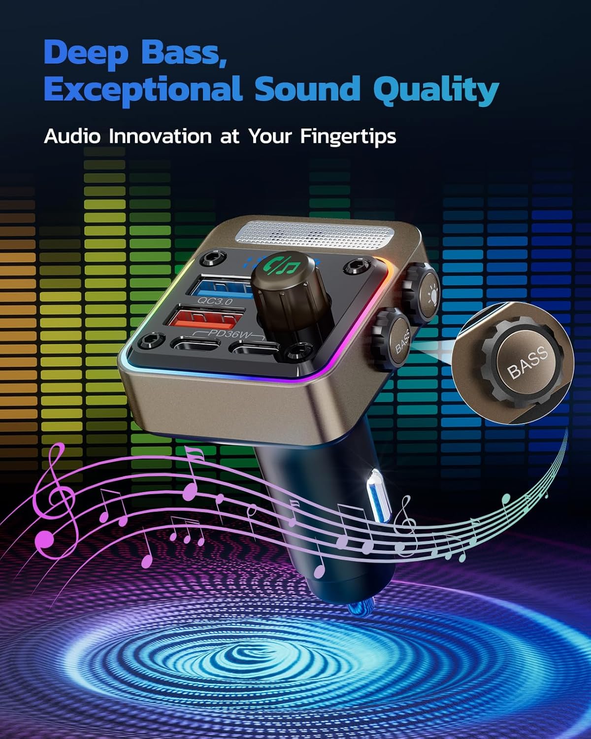 Nulaxy 54W [PD 36W & QC3.0 18W] Bluetooth 5.3 Car Adapter with 4 Charging Ports, Wireless Radio FM Transmitter Audio Receiver with Deep Bass MP3 Music Player, 5 Colors LED Backlit, Hands-Free Calling