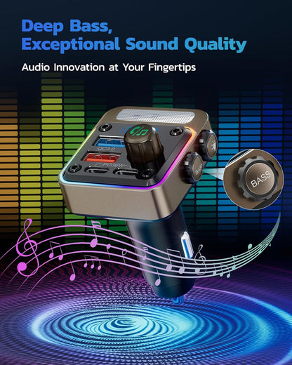 Nulaxy 54W [PD 36W & QC3.0 18W] Bluetooth 5.3 Car Adapter with 4 Charging Ports, Wireless Radio FM Transmitter Audio Receiver with Deep Bass MP3 Music Player, 5 Colors LED Backlit, Hands-Free Calling