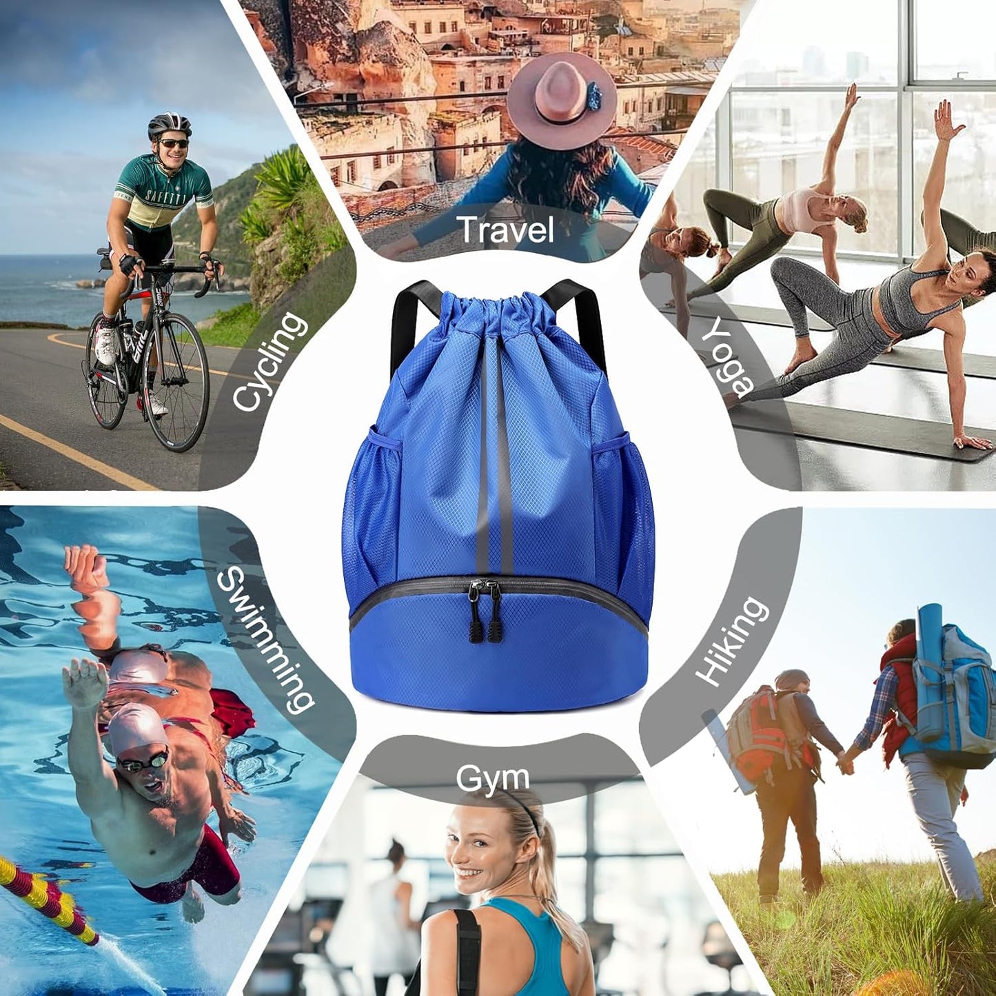 Hoedia Sports Drawstring Backpack - String Swim Gym Bag with Shoes Compartment and Wet Proof Pocket for Women/Men