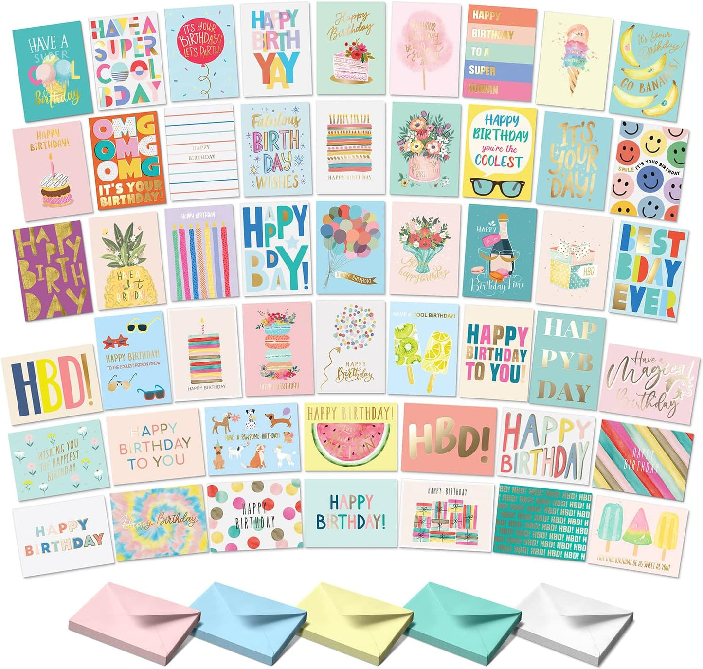 Sweetzer & Orange Happy Birthday Cards with Envelopes and Assortment Box – Variety Set of 50 Assorted Birthday Notes. Perfect Bulk Pack for Celebrations, Office, Friends, Family, and Special Occasions