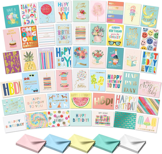 Sweetzer & Orange Happy Birthday Cards with Envelopes and Assortment Box – Variety Set of 50 Assorted Birthday Notes. Perfect Bulk Pack for Celebrations, Office, Friends, Family, and Special Occasions