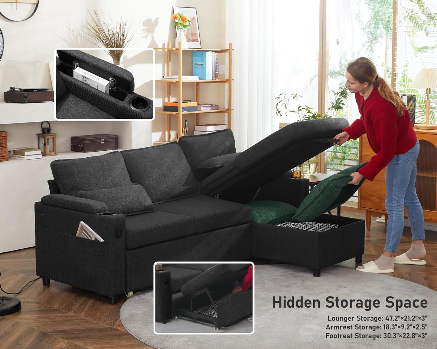 DURASPACE Sofa Bed Sleeper Pull Out 2 in 1 Sectional Sleeper Sofa Couches with Storage,USB, Cup Holder,Pullout Sectional Couches for Apartment Living Room (Dark Gray Linen)