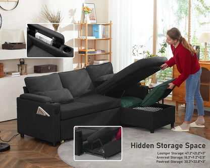 DURASPACE Sofa Bed Sleeper Pull Out 2 in 1 Sectional Sleeper Sofa Couches with Storage,USB, Cup Holder,Pullout Sectional Couches for Apartment Living Room (Dark Gray Linen)