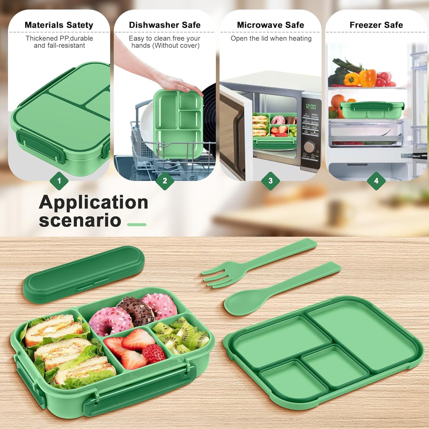 Amathley Lunch Box Kids,Bento Box Adult Lunch Box,Leakproof Lunch Containers for Adults/Kids/Toddler,1200ML-4 Compartments bento Lunch box with Utensil,Microwave & Dishwasher Safe(Dark Gray)