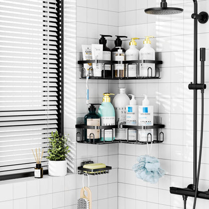MOFOROCO 3-Pack Shower Caddy Corner Basket Shelf with Soap Holder, No Drilling Traceless Adhesive Shower Wall Shelves, Black Bathroom Shower Storage Organizer（ for 90-Degree Right-Angle Walls）