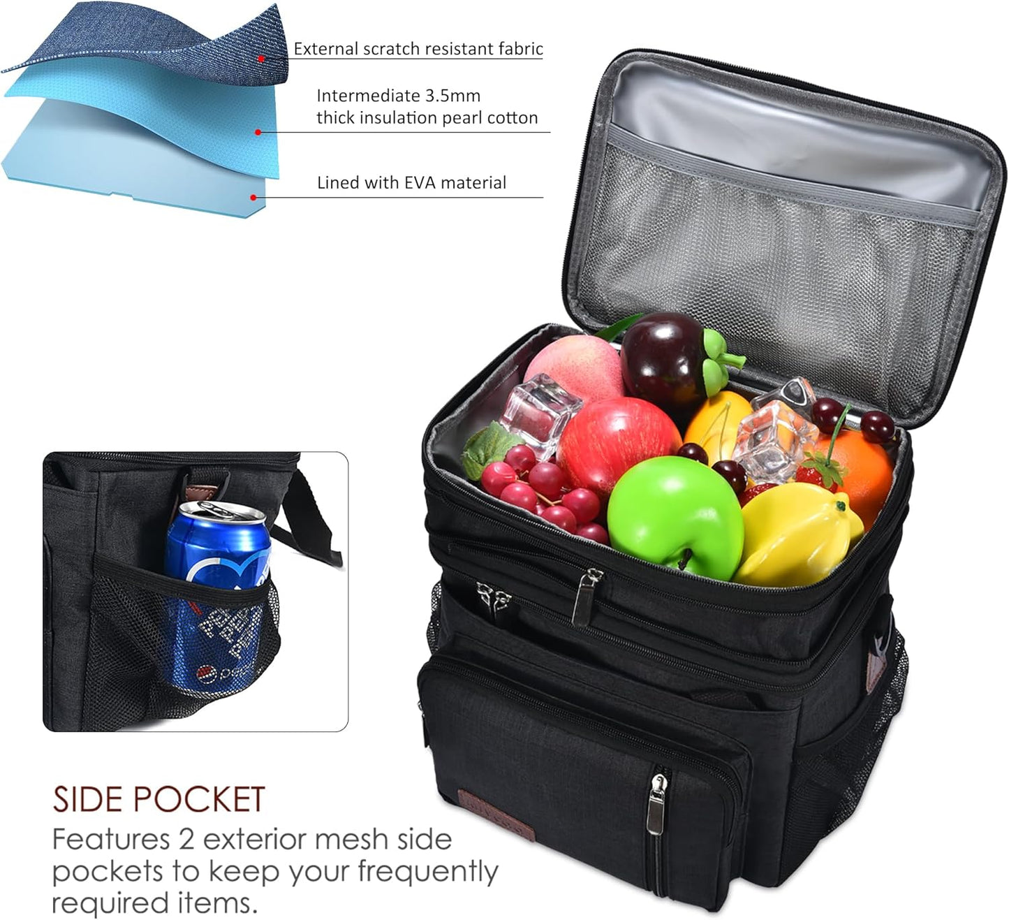 Lunch Bag for Women Men Double Deck Lunch Box - Leakproof Insulated Soft Large Lunch Cooler Bag, MIYCOO (Black,15L)