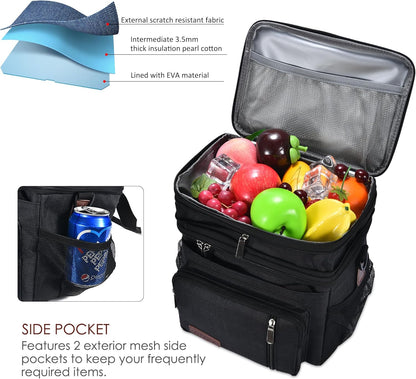 Lunch Bag for Women Men Double Deck Lunch Box - Leakproof Insulated Soft Large Lunch Cooler Bag, MIYCOO (Black,15L)