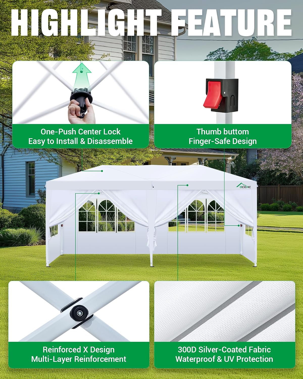 Acepic 10x20 Pop Up Canopy with 6 Removable Sidewalls, White, 10x20