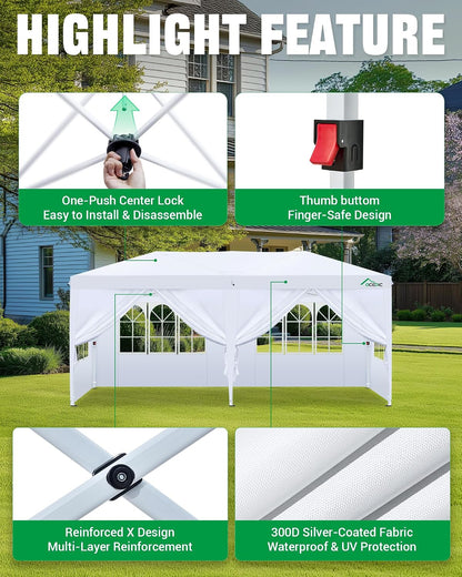 Acepic 10x20 Pop Up Canopy with 6 Removable Sidewalls, White, 10x20