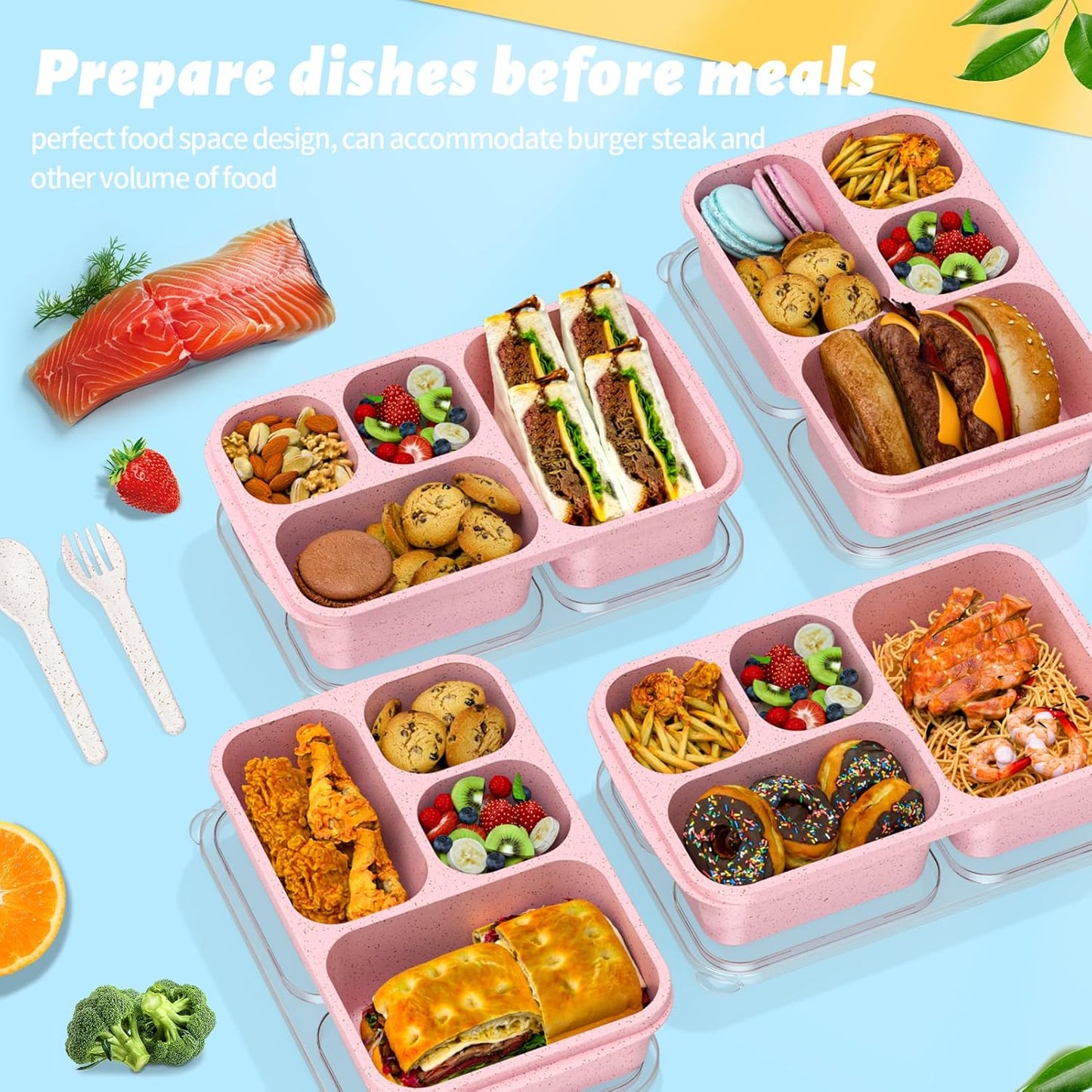 Large Capacity Bento Box for Adults, 4-Piece Set – Stackable Lunch Box with 4 Compartments, Microwave & Dishwasher Safe, Reusable Meal Prep Containers, Snack Containers for Kids & Adults (4 Colors)