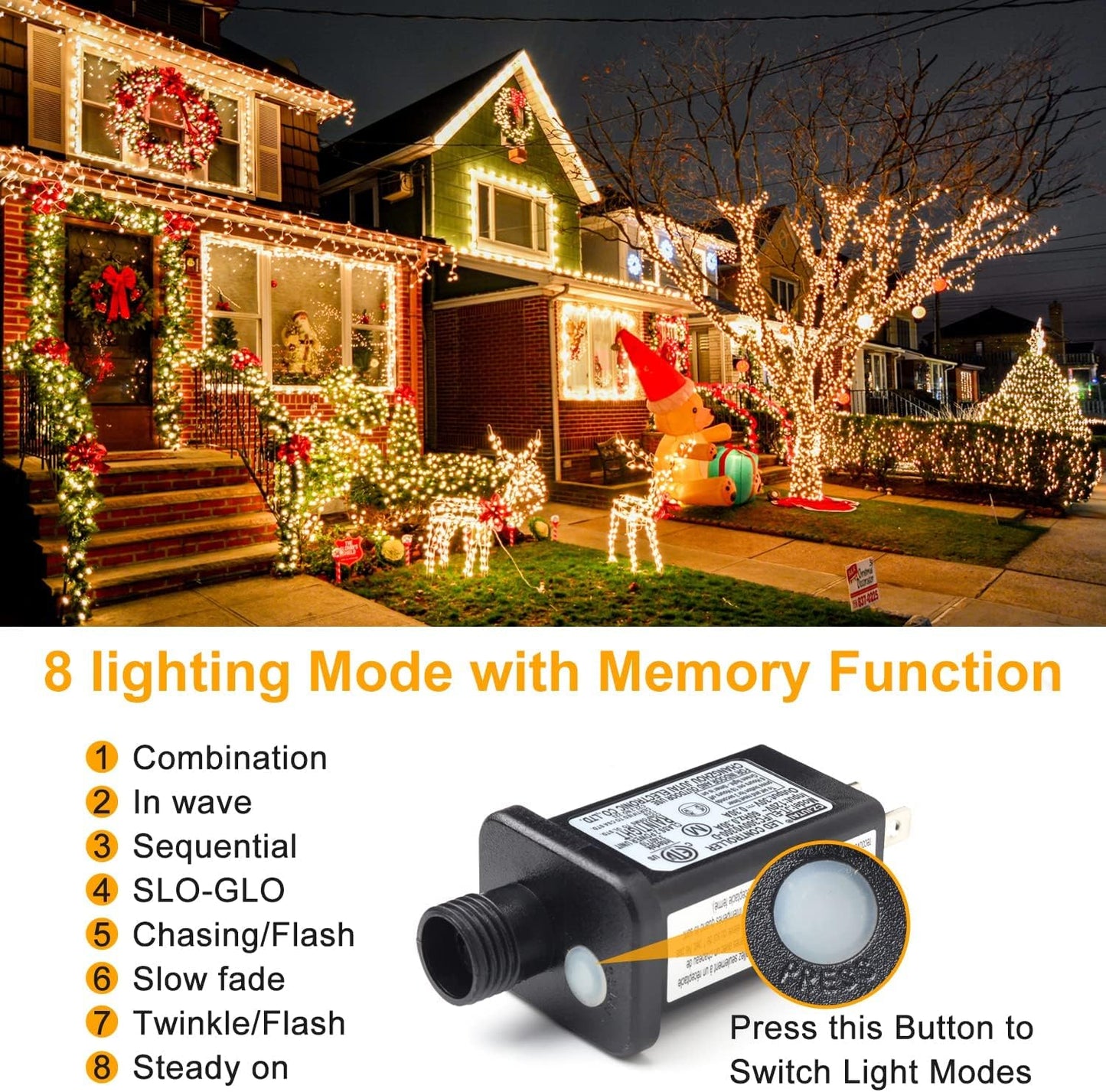 Haili Halloween Lights Outdoor, 105 FT 300 LED Halloween String Lights with Memory Function, Plug in 8 Mode String Lights for Halloween,Christmas,Party, Patio, House Decoration (Purple Orange)