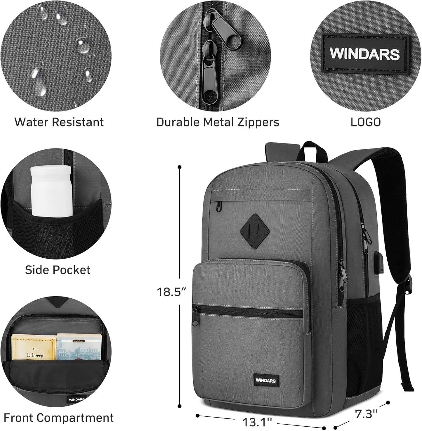 Black Backpack for Men Women, Durable Casual School Backpacks Teens Boys and Girls Classic 15.6 Inch Laptop Bookbag with USB Charger for College High School Work Travel