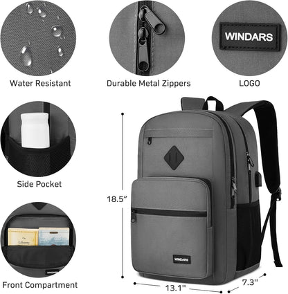 Black Backpack for Men Women, Durable Casual School Backpacks Teens Boys and Girls Classic 15.6 Inch Laptop Bookbag with USB Charger for College High School Work Travel