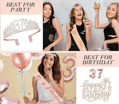 8pcs 40th Birthday Decorations gifts for Women, Including 40th Happy Birthday Cake Topper, Queen Sash with Pearl Pin, Sweet Rhinestone Tiara Crown for Women, Number Candles and Balloons (Rose Gold)