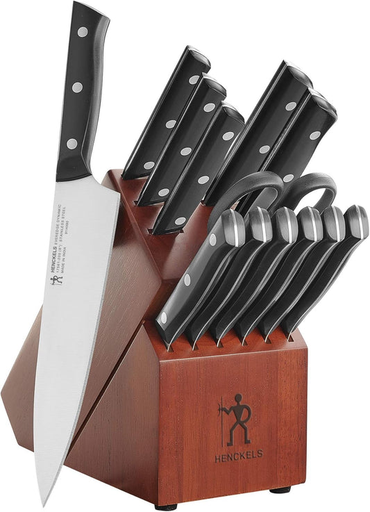 HENCKELS Everedge Dynamic 14 Piece Serrated Stainless Steel Knife Block Set - Professional Cutlery Set, Knives for Chopping, Slicing, Dicing & Cutting, Dishwasher Safe, Rubberwood in Brown