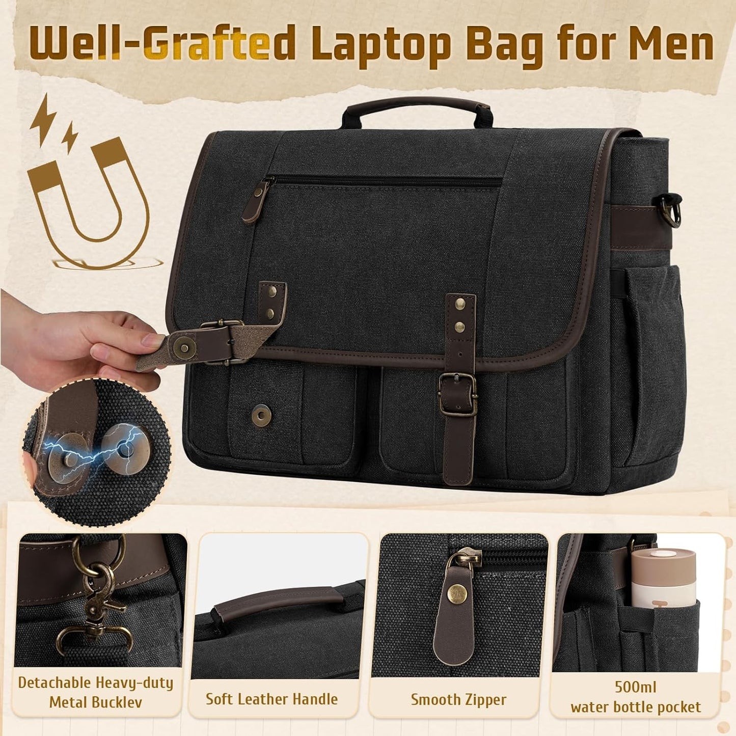 RAINSMORE Canvas Messenger Bag Men 17-17.3 Inch Laptop Bag Computer Briefcase Water Resistant Satchel Bag for Men Work Office - PuriLite