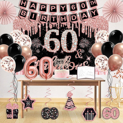 40th Birthday Decorations for Women,32pcs 40th Birthday Party Decorations,Including Backdrop, Crown,Sash,banner, Hanging Swirl,Cake Topper,balloons,Paper Fans,Anniversary Card and paper fans