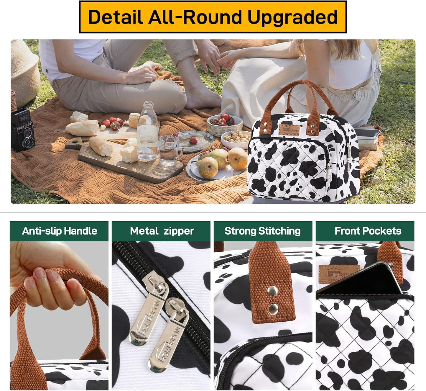 HOMESPON Lunch Bag for Woman Man Adults with Front Pocket Insulated Lunch Tote Lunch Box Container for Work Picnic or Travel(Black)