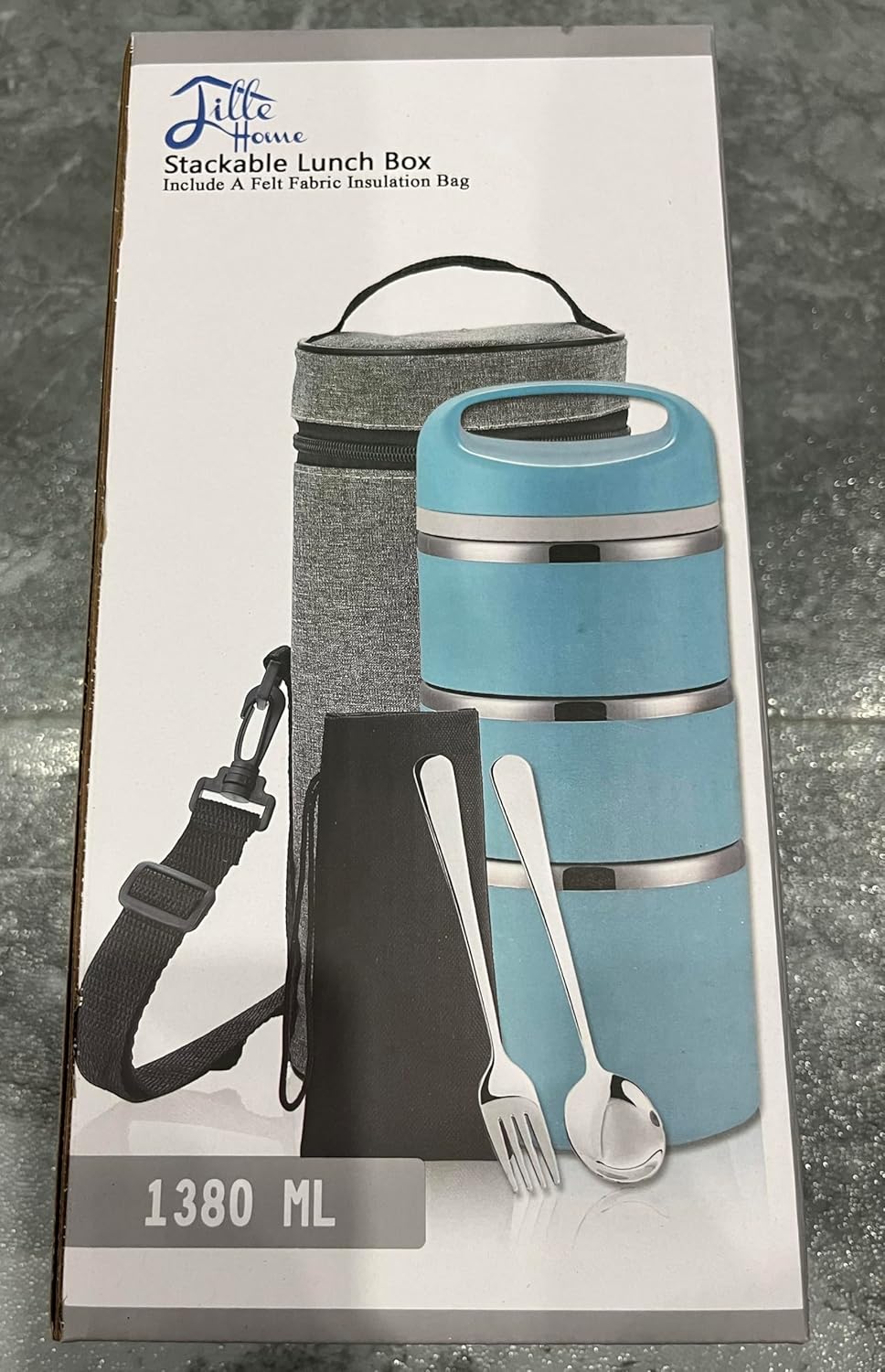 Lille Home Stackable Stainless Steel Thermal Compartment Lunch/Snack Box, 3-Tier Insulated Bento/Food Container with Lunch Bag, Cutlery Set and 3 Extra Seals, 43OZ (Gray)