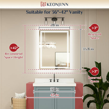 Keonjinn 40 x 24 Inch LED Mirror, Bathroom Mirror with Lights, LED Vanity Mirror, Wall Mounted Anti-Fog Dimmable Lighted Makeup Mirror for Bedroom, IP54 Waterproof (Horizontal/Vertical)