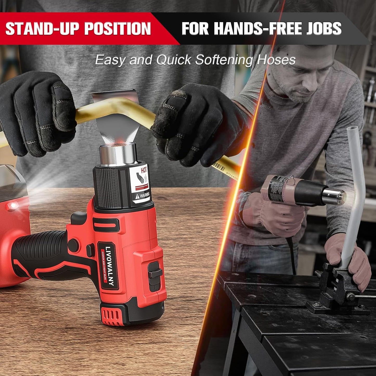 LIVOWALNY Cordless Heat Gun Compatible with Milwaukee 18V Battery (Tool Only) 18V 350W Hot Air Gun I: 300℃（572°F), II: 550℃（1022°F) Dual Temperature Control Battery Powered Heat Gun Kit